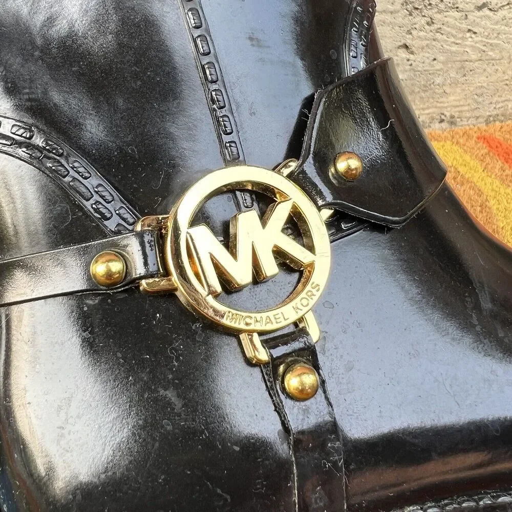 Michael Kors Fulton Harness Tall Rain Boots Womens Size 6 Black Gold Logo Gloss - Picture 9 of 11